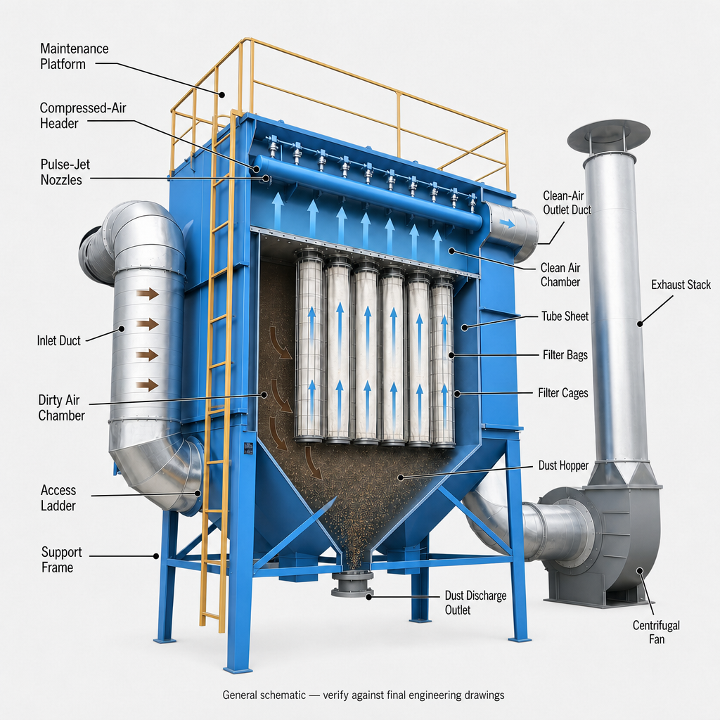Bag Filter Dust Collector labelled component diagram
